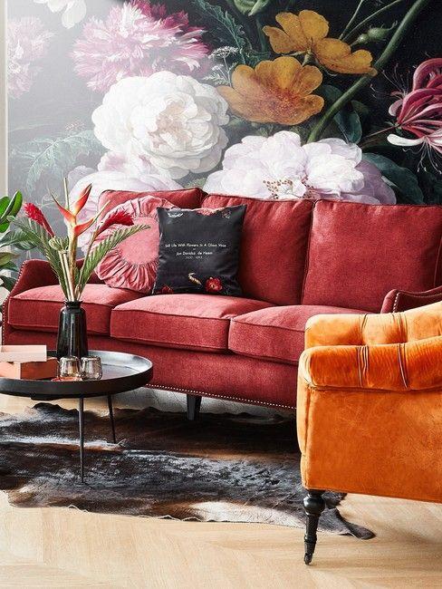 Living room design with floral wallpaper